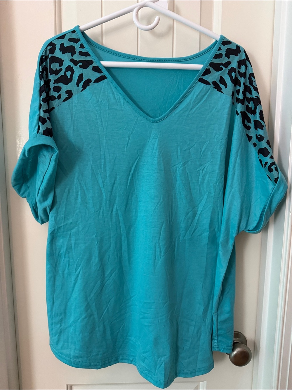 Turquoise V-Neck Top with Leopard Shoulder Accents